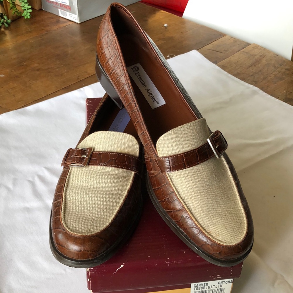 Etienne Aigner Carver, brown crocodile and fabric loafer